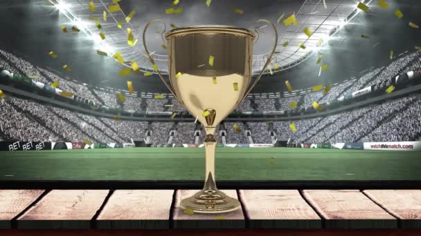 Анимация Конфетти Падающих Золотой Кубок Спортивном Стадионе Спорт Конкуренция Концепция — стоковое видео
