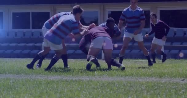 Animation Spots Lights Moving Diverse Team Rugby Players Game Field — стоковое видео