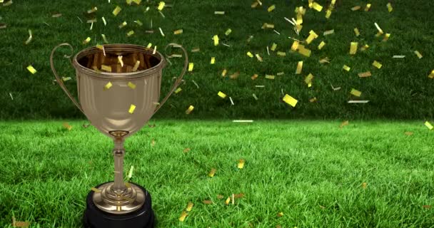 Spor Stadyumunda Altın Kupanın Üzerine Düşen Konfeti Animasyonu Spor Yarışma — Stok video
