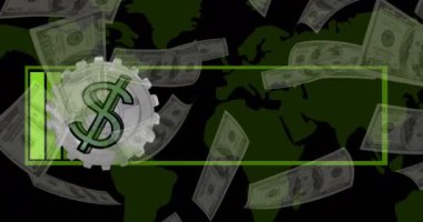 Banknotlar üzerinde dolar sembollerinin canlandırılması ve siyah arka planda dünya haritası. vergi günü ve kutlama konsepti dijital olarak oluşturulmuş video.