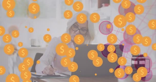 Animation Dollar Symbols Network Connections Caucasian Woman Doing Paperwork Tax — Vídeo de Stock