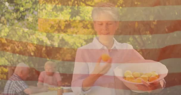 Animation Flag Usa Senior Caucasian Friends Eating Dinner Outdoors Patriotism — Stock video