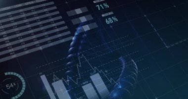 Siyah arka planda DNA ipliği üzerinde finansal veri işleme animasyonu. Ukrayna krizi ve uluslararası politika kavramı dijital olarak oluşturuldu.