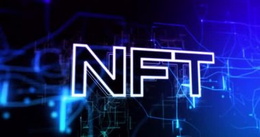 Siyah arkaplan üzerinde nft metin animasyonu. küresel iş ve dijital arayüz kavramı dijital olarak oluşturulmuş video.