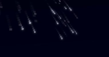 Animation of binary coding data processing over black background. data processing, digital interface and computing concept digitally generated video.