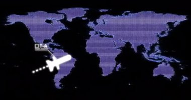 Tdia metninin animasyonu. Füze Dünya haritasında siyah zemin üzerinde. küresel veri işleme, dijital arayüz ve dijital olarak oluşturulmuş video hesaplama kavramı.