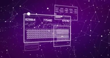 Mor arkaplan üzerindeki bilgisayar ekranlarında değişen ve veri işleme numaralarının animasyonu. veri işleme, dijital arayüz ve dijital olarak oluşturulmuş video konsepti.