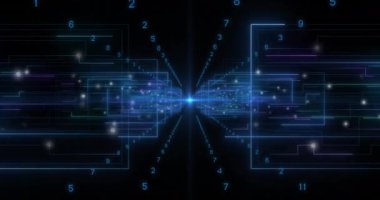 Siyah arkaplanda ikili kodlama ile tarama ve veri işleme dürbünlerinin animasyonu. küresel veri işleme, dijital arayüz ve dijital olarak oluşturulmuş video hesaplama kavramı.