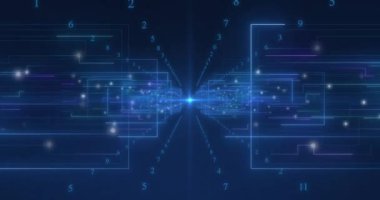 Mavi arkaplanda ikili kodlama ile tarama ve veri işleme dürbünlerinin animasyonu. küresel veri işleme, dijital arayüz ve dijital olarak oluşturulmuş video hesaplama kavramı.
