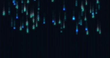 Siyah arkaplan üzerinde ikili kodlama veri işleme animasyonu. veri işleme, dijital arayüz ve dijital olarak oluşturulmuş video konsepti.