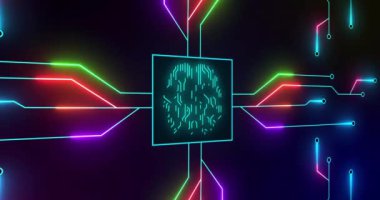 Animation of green glowing human brain with computer mother board circuit over black background. online identity, data processing, digital interface and computing concept digitally generated video.