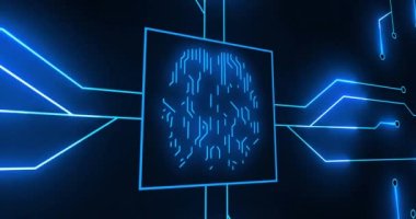 Siyah arka planda bilgisayar anakartlı mavi insan beyni animasyonu. çevrimiçi kimlik, veri işleme, dijital arayüz ve hesaplama kavramı dijital olarak oluşturulmuş video.