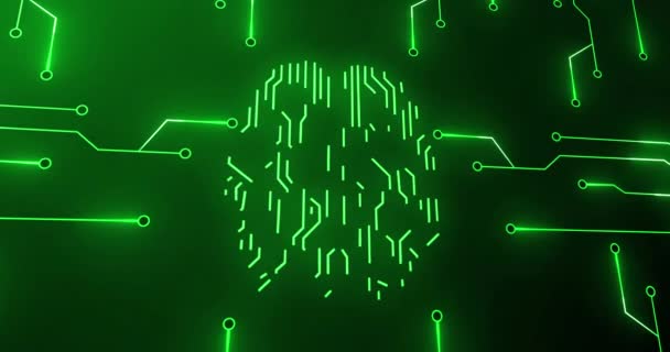 Animation Green Glowing Human Brain Computer Mother Board Circuit Black — 图库视频影像