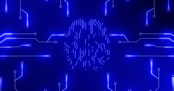 青い背景にコンピュータのマザーボード回路を持つ青い輝く人間の脳のアニメーション オンラインアイデンティティ データ処理 デジタルインターフェース コンピューティングの概念をデジタルで生成したビデオ — ストック動画
