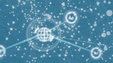 Mavi arkaplan üzerindeki simgelerle bağlantı ağının canlandırılması. küresel bağlantılar ve dijital arayüz konsepti dijital olarak oluşturulmuş video.