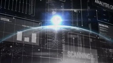 Veri işleme animasyonunun siyah arka planda dünya üzerinde gerçekleşmesi. küresel iş, veri işleme ve dijital arayüz kavramı dijital olarak oluşturulmuş video.