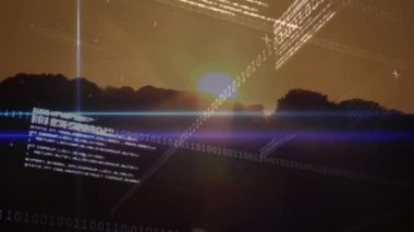 Manzara üzerinde veri işleme animasyonu. küresel bağlantılar, bilgisayar ve dijital arayüz konsepti dijital olarak oluşturulmuş video.