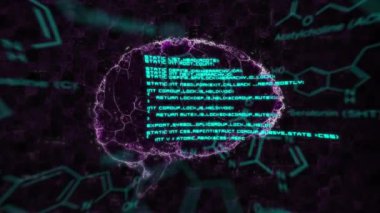 Beyin animasyonu ve kara arka planda bilimsel veri işleme. Bilim, insan biyolojisi, teknoloji ve dijital arayüz konsepti dijital olarak oluşturulmuş video.