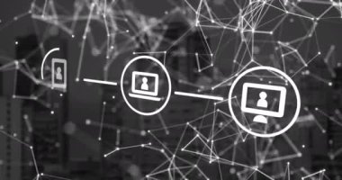 Teknoloji simgelerinin ve siyah arka plandaki bağlantıların animasyonu. küresel ağ, veri işleme, iş ve dijital arayüz kavramı dijital olarak oluşturulmuş video.