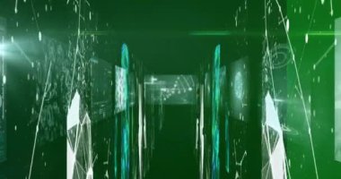 Yeşil arkaplanda veri işleme üzerinden bağlantı ağının animasyonu. küresel bağlantılar, veri işleme ve dijital arayüz konsepti dijital olarak oluşturulmuş video.