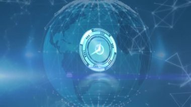 Donanma arka planında veri, bağlantı ve dünya üzerinde hareket eden saatin animasyonu. küresel bağlantılar, teknoloji ve dijital arayüz konsepti dijital olarak oluşturulmuş video.