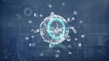 Mavi arkaplan ve şehir manzarasında simgelerle dünyanın üzerinde hareket eden saatin animasyonu. veri işleme, zaman, teknoloji ve dijital arayüz kavramı dijital olarak oluşturulmuş video.