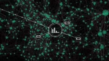 Siyah arkaplan üzerindeki simgelerle bağlantı ağının animasyonu. küresel bağlantılar ve dijital arayüz konsepti dijital olarak oluşturulmuş video.