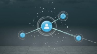 Gri arkaplan üzerindeki simgelerle bağlantı ağının animasyonu. küresel bağlantılar ve dijital arayüz konsepti dijital olarak oluşturulmuş video.