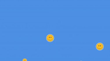 Mavi arkaplanda emoji simgelerinin canlandırılması. Sosyal medya ve iletişim arayüzü kavramı dijital olarak oluşturulmuş video.