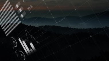 Gün batımında manzara üzerinde veri ve grafiklerin animasyonu. küresel iş ve teknoloji kavramı dijital olarak üretilen video.