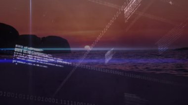 Manzara üzerinde veri işleme animasyonu. küresel bağlantılar, bilgisayar ve dijital arayüz konsepti dijital olarak oluşturulmuş video.