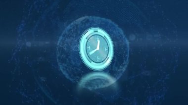 Saat animasyonu donanma arka planında dünya ve bağlantılar üzerinde hareket ediyor. küresel bağlantılar, teknoloji ve dijital arayüz konsepti dijital olarak oluşturulmuş video.