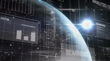 Veri işleme animasyonunun siyah arka planda dünya üzerinde gerçekleşmesi. küresel iş, veri işleme ve dijital arayüz kavramı dijital olarak oluşturulmuş video.