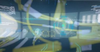 Bilgisayar kabloları üzerinden ekranda küre ve veri işleme animasyonu. bilgisayarlar, ağ, veri işleme, teknoloji ve dijital arayüz kavramı dijital olarak oluşturuldu.