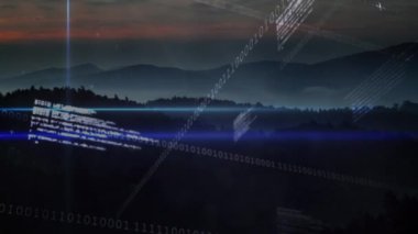 Manzara üzerinde veri işleme animasyonu. küresel bağlantılar, bilgisayar ve dijital arayüz konsepti dijital olarak oluşturulmuş video.