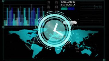 Veri üzerinde hareket eden saatin animasyonu ve siyah arka planda dünya haritası. veri işleme, zaman, teknoloji ve dijital arayüz kavramı dijital olarak oluşturulmuş video.