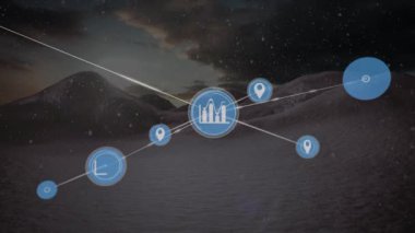 Gün batımında manzara üzerindeki simgelerle bağlantı ağının animasyonu. küresel iş, bağlantılar ve teknoloji konsepti dijital olarak oluşturulmuş video.