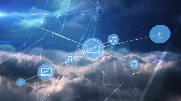 在天空和云彩上与图标连接的网络动画 全球连接和数字接口概念数字生成视频 — 图库视频影像