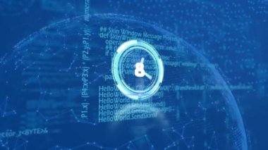 Saatin animasyonu ve donanma arkaplanındaki veri ve küreyi saymak. küresel bağlantılar, teknoloji ve dijital arayüz konsepti dijital olarak oluşturulmuş video.