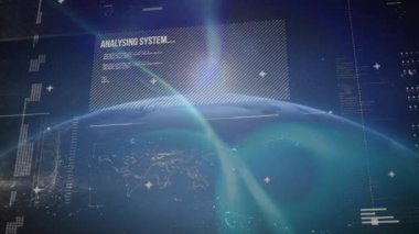 Mavi arka planda dünya üzerinde veri işleme animasyonu. küresel iş, veri işleme ve dijital arayüz kavramı dijital olarak oluşturulmuş video.