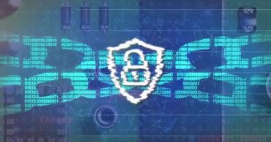 Mavi zemin üzerinde asma kilit ve blok zincirli dijital kalkan animasyonu. küresel internet güvenliği, veri işleme ve dijital arayüz kavramı dijital olarak oluşturulmuş video.