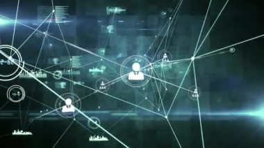 Siyah arkaplandaki ışık yollarının üzerindeki simgelerle bağlantı ağının animasyonu. küresel bağlantılar ve dijital arayüz konsepti dijital olarak oluşturulmuş video.