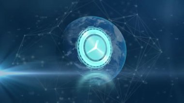 Donanma arka planında ışık, bağlantılar ve dünya üzerinde hareket eden saatin animasyonu. küresel bağlantılar, teknoloji ve dijital arayüz konsepti dijital olarak oluşturulmuş video.