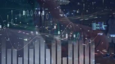 Şehir manzarası ve çeşitli basketbol oyuncuları üzerinden finansal veri işleme animasyonu. global spor, veri işleme ve dijital arayüz kavramı dijital olarak oluşturulmuş video.