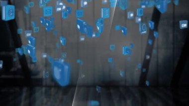 Pencerenin üzerinde beyaz çizgiler ve simgelerin canlandırılması. küresel bağlantılar, veri işleme ve dijital arayüz konsepti dijital olarak oluşturulmuş video.