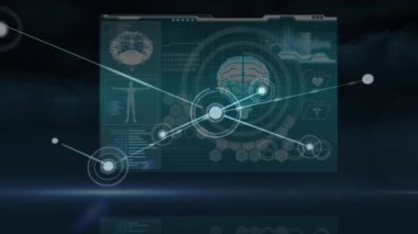 Mavi arkaplanda veri işleme animasyonu. küresel iş, finans, bağlantılar ve dijital arayüz konsepti dijital olarak oluşturulmuş video.