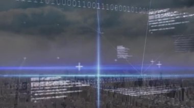 Şehir manzarası üzerinde veri işleme animasyonu. küresel bağlantılar, bilgisayar ve dijital arayüz konsepti dijital olarak oluşturulmuş video.