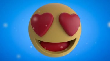 Mavi arkaplanda emoji simgelerinin canlandırılması. Sosyal medya ve iletişim arayüzü kavramı dijital olarak oluşturulmuş video.