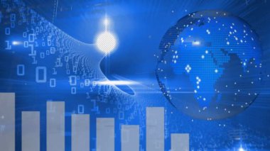 Animation of data processing and globe on blue background. global business, finances, connections and digital interface concept digitally generated video.