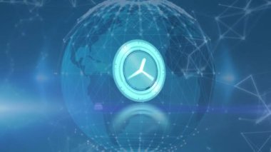 Bağlantılar üzerinde hareket eden saatin animasyonu ve mavi arka planda dünya. küresel bağlantılar, teknoloji ve dijital arayüz konsepti dijital olarak oluşturulmuş video.